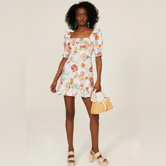 Rixo vacation floral tropical ruffle trim mini dress